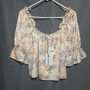 WAYF Floral Cold Shoulder Crop Top‎ Blouse Women's Sz L NWT Flowy Ruffle